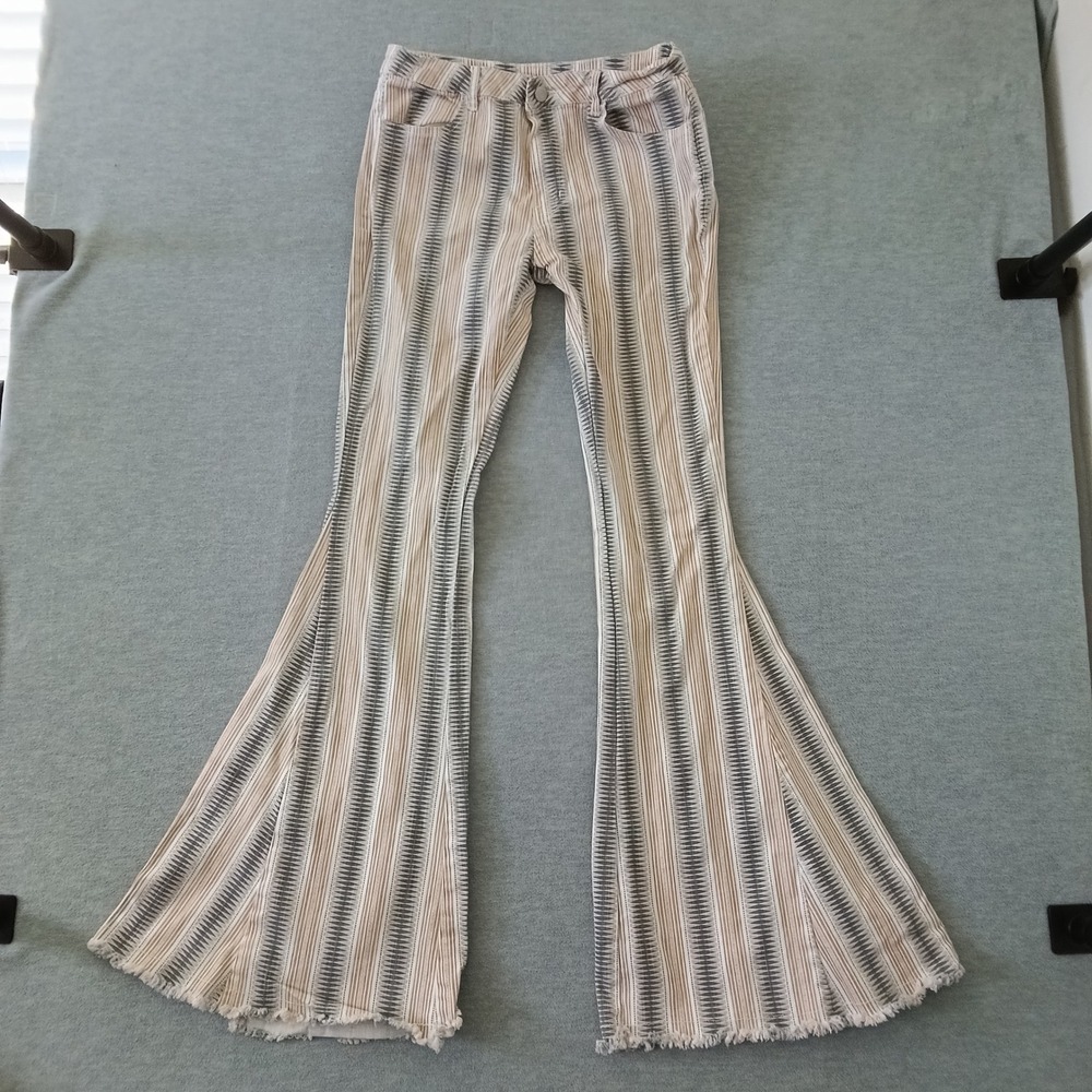 Altard State Womens Tan Geometric Stripe Bell Bottom Flare Pants Raw Hem Large